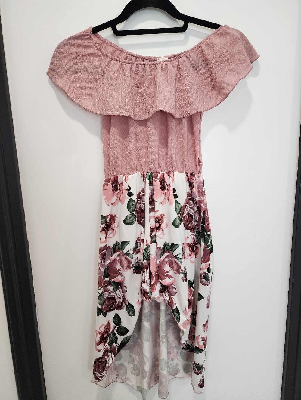 Girls Summer Blush Pink Floral Off-Shoulder Midi Dress With Shorts Size 8